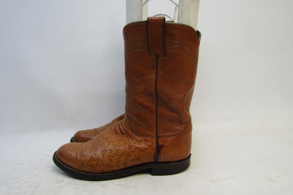 Justin Mens 7.5 D Brown Leather Ostrich Roper Cowboy Western Boots